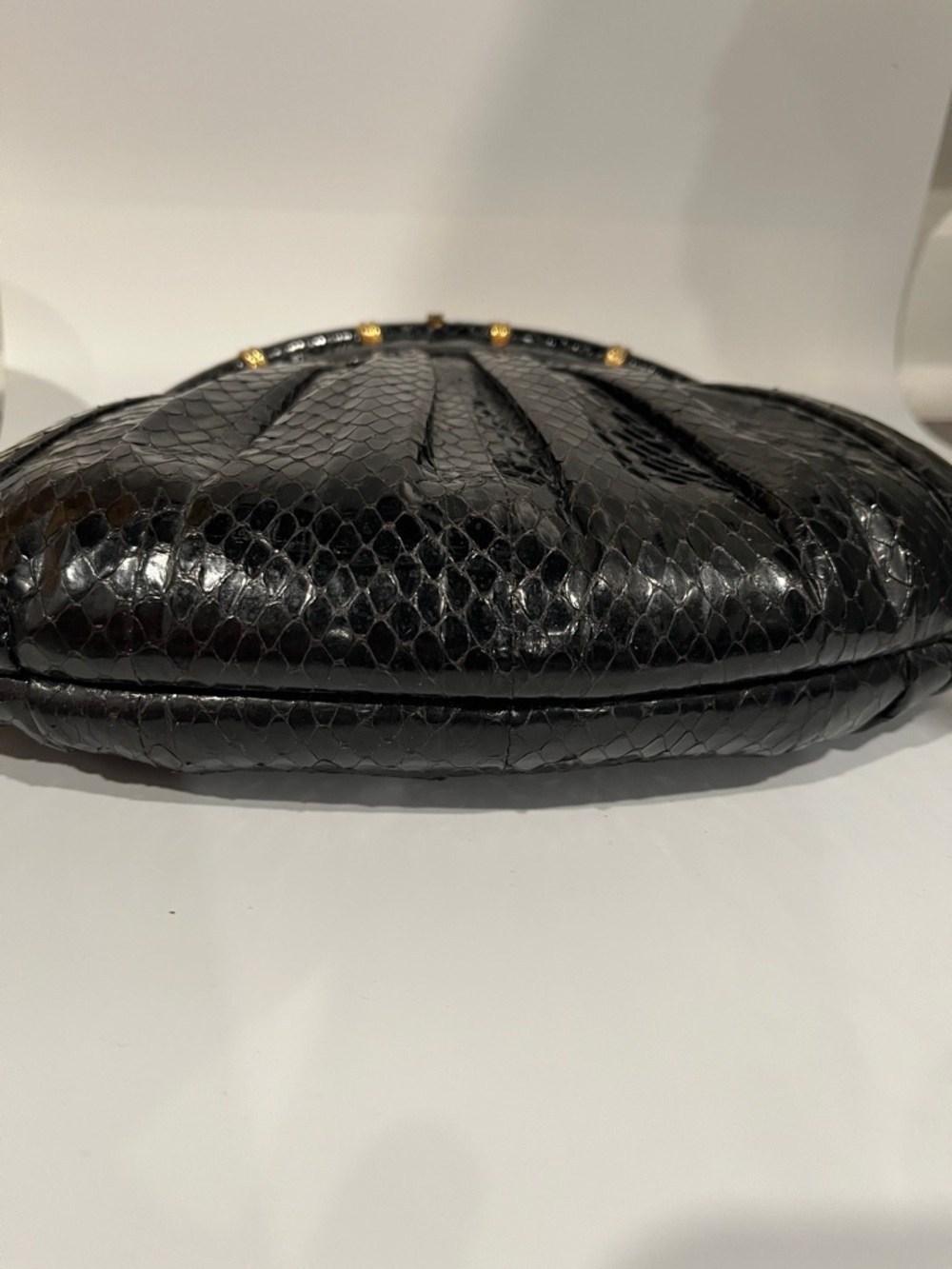 Vintage Black Snakeskin Clutch | Gold Chain Strap | 1980s Glam - Picture 10 of 13